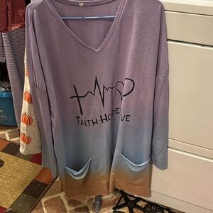 Purple, blue and tan tee shirt
